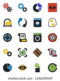 Color and black flat icon set - ticket office vector, contract, circle chart, stamp, pills blister, update, record, eye id, pie graph, target, flower in pot, omelette, gear, washer, clock