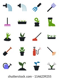 Color and black flat icon set - flower in pot vector, garden fork, shovel, farm, rake, seedling, watering can, sproute, boot, hoe, sprayer, irrigation