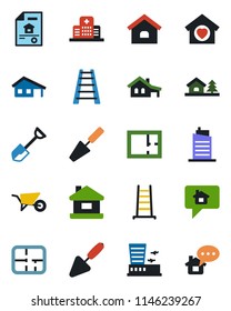 Color and black flat icon set - airport building vector, trowel, shovel, ladder, wheelbarrow, hospital, house, with garage, tree, plan, estate document, sweet home, city, message