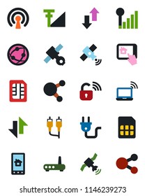 Color and black flat icon set - wireless notebook vector, satellite, network, share, rca, sim, data exchange, cellular signal, power plug, lock, router, home control app, social media
