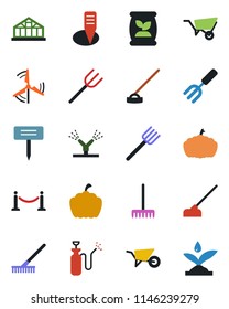 Color and black flat icon set - fence vector, garden fork, farm, rake, wheelbarrow, hoe, plant label, pumpkin, greenhouse, sprayer, fertilizer, windmill, irrigation