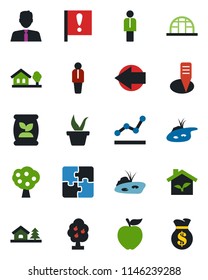 Color and black flat icon set - left arrow vector, manager, seedling, plant label, greenhouse, fertilizer, important flag, application, point graph, house with tree, pond, fruit, estate agent, apple