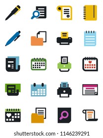 Color and black flat icon set - document search vector, pen, notepad, calendar, printer, medical, folder, news, schedule, contract