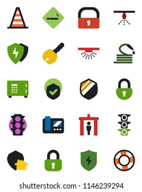 Color and black flat icon set - security gate vector, smoking place, border cone, safe, hose, traffic light, shield, protect, lock, key, intercome, home, sprinkler, crisis management