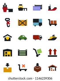 Color and black flat icon set - sea shipping vector, cargo container, car delivery, port, consolidated, warehouse storage, up side sign, no trolley, hook, package