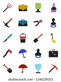 Color and black flat icon set - suitcase vector, umbrella, stamp, job, shovel, farm fork, bucket, pruner, axe, scalpel, fragile, themes, case, ladle, hard work