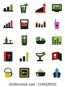 Color and black flat icon set - growth statistic vector, equalizer, scanner, monitor statistics, bar graph, alcohol, wine card, drink, cocktail, phyto, beer, salad, arrow up