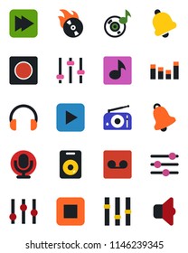 Color and black flat icon set - flame disk vector, radio, settings, equalizer, microphone, headphones, speaker, play button, stop, fast forward, tuning, bell, record, music, sound
