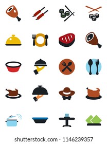 Color and black flat icon set - spoon and fork vector, dish, restaurant table, cafe, waiter, dress code, chicken, steak, kebab, ham, bowl, steaming pan, sushi, serviette