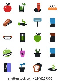 Color and black flat icon set - seedling vector, plant label, diet, fridge, drink, phyto bar, bacon, bread, hot dog, apple fruit, palm sproute