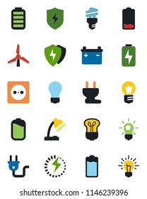 Color and black flat icon set - bulb vector, battery, low, protect, charge, desk lamp, windmill, socket, power plug, energy saving, idea