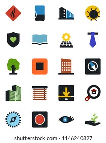 Color and black flat icon set - book vector, tree, sun, heart shield, eye, stop button, record, download, compass, office building, panel, estate search, city house, smoke detector, jalousie, fridge