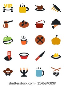 Color and black flat icon set - plant label vector, pumpkin, seeds, diet, coffee, serviette, cafe, waiter, candle, vip zone, dress code, chicken, bowl, rolling pin, knife, steaming pan, turkish