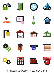 Color and black flat icon set - greenhouse vector, bird house, warehouse storage, office building, estate insurance, alcove, fan, wireless lock, web camera, home control app, gear, water, warm floor