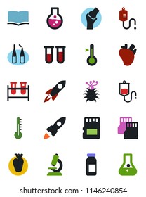 Color and black flat icon set - book vector, blood test vial, dropper, microscope, ampoule, real heart, joint, virus, sd, thermometer, rocket, flask