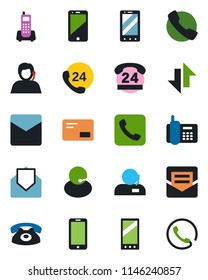 Color and black flat icon set - mobile phone vector, office, 24 hours, support, cell, mail, call, data exchange