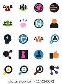Color and black flat icon set - female vector, team, brainstorm, network, share, finger up, user, company, client search, consumer, group, social media