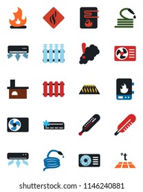 Color and black flat icon set - fire vector, hose, fireplace, thermometer, air conditioner, water heater, smoke detector, radiator, warm floor