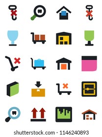 Color and black flat icon set - baggage trolley vector, fragile, cargo, warehouse storage, up side sign, no, hook, package, search, scanner, blank box
