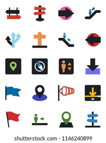 Color and black flat icon set - elevator vector, escalator, signpost, right arrow, left, wind, route, pin, download, place tag, compass, flag, guidepost