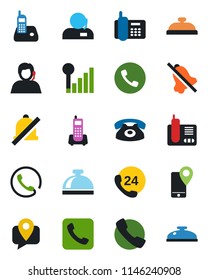 Color and black flat icon set - phone vector, reception bell, office, 24 hours, support, mobile tracking, radio, call, mute, cellular signal