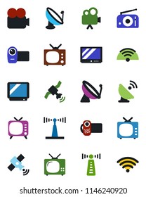 Color and black flat icon set - antenna vector, satellite, radio, tv, video camera, wireless