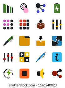 Color and black flat icon set - package vector, sorting, settings, touch screen, stop button, menu, folder, charge, application, pen, sound, information, social media