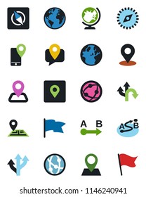 Color and black flat icon set - globe vector, route, navigation, earth, pin, mobile tracking, network, place tag, compass, flag