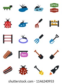 Color and black flat icon set - job vector, garden fork, shovel, lady bug, caterpillar, pond, rack, rent, bacon, open close, rocket