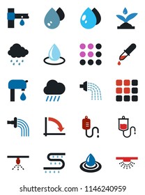 Color and black flat icon set - crisis graph vector, watering, water drop, rain, drip irrigation, dropper, menu, supply, sprinkler