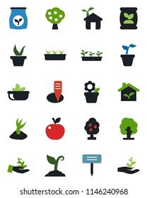 Color and black flat icon set - flower in pot vector, seedling, tree, sproute, plant label, fertilizer, fruit, salad, apple, eco house, palm