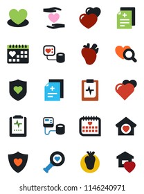 Color and black flat icon set - heart vector, diagnosis, blood pressure, diagnostic, shield, hand, real, medical calendar, pulse clipboard, sweet home