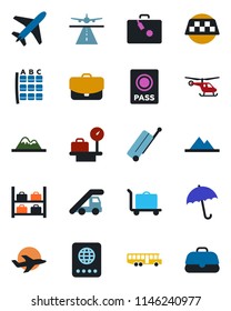 Color and black flat icon set - plane vector, runway, taxi, suitcase, baggage trolley, airport bus, umbrella, passport, ladder car, helicopter, seat map, luggage storage, scales, mountains, case