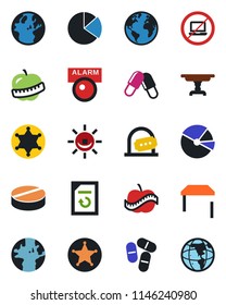 Color and black flat icon set - no laptop vector, ticket office, document reload, pills, diet, earth, pie graph, table, police, alarm led