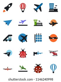 Color and black flat icon set - plane vector, departure, arrival, ladder car, boarding, helicopter, seat map, airport building, lady bug, rocket, paper, air balloon