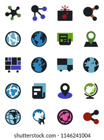 Color and black flat icon set - bomb in case vector, globe, plane, earth, pin, consolidated cargo, network, share, news, social media