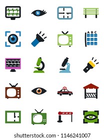 Color and black flat icon set - barrier vector, tv, alarm car, seat map, bench, monitor pulse, microscope, eye, torch, plan, alcove, scan