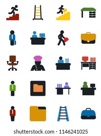 Color and black flat icon set - manager vector, desk, place, ladder, folder, career, cook, office chair, case