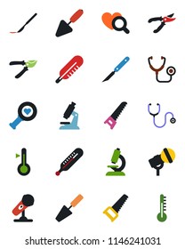 Color and black flat icon set - trowel vector, pruner, saw, stethoscope, thermometer, heart diagnostic, microscope, scalpel, microphone