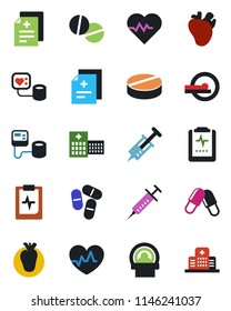 Color and black flat icon set - heart pulse vector, diagnosis, syringe, blood pressure, pills, tomography, real, clipboard, hospital