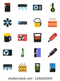 Color and black flat icon set - thermometer vector, heater, air conditioner, fridge, drink, beer, snowflake