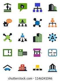 Color and black flat icon set - hierarchy vector, well, molecule, hospital, office building, garage, plan, home message