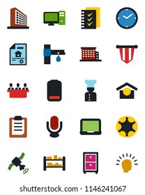 Color and black flat icon set - office building vector, pennant, notebook pc, drip irrigation, warehouse storage, rack, satellite, microphone, low battery, clipboard, clock, checklist, meeting, cook