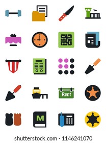 Color and black flat icon set - airport building vector, pennant, trowel, barbell, sea port, folder document, news, menu, clock, office phone, contract, rent, restaurant table, salt and pepper, chip
