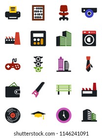 Color and black flat icon set - office chair vector, graduate, abacus, saw, bench, traffic light, vinyl, gamepad, calculator, clock, building, printer, tie, washer, factory, web camera, wallet