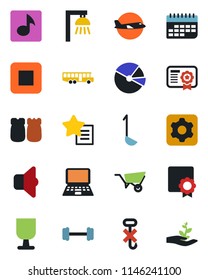 Color and black flat icon set - airport bus vector, plane, notebook pc, wheelbarrow, barbell, term, fragile, no hook, favorites list, stop button, settings, music, sertificate, pie graph, ladle