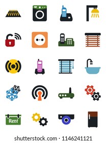 Color and black flat icon set - office phone vector, radio, rent, bathroom, socket, wireless lock, router, web camera, snowflake, gear, washer, warm floor, outdoor lamp, jalousie, fridge