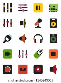 Color and black flat icon set - microphone vector, speaker, settings, equalizer, headphones, pause button, stop, fast forward, rec, rca, hdmi, tuning, record, sound