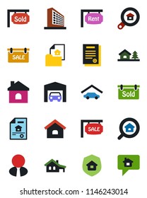 Color and black flat icon set - office building vector, house, contract, with garage, tree, estate document, sale, rent, sold signboard, search, agent, insurance, home message