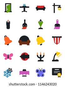 Color and black flat icon set - left arrow vector, pennant, butterfly, garden light, themes, bell, desk lamp, cushioned furniture, restaurant table, candle, snowflake, door, certificate